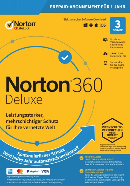 NORTON 360 Deluxe (Internet Security) 3-Geräte / 1-Jahr ABO inkl. 25GB, ESD KEY